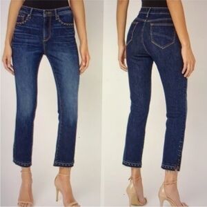 Driftwood Amelia Studded Straight Leg Jeans Dark Wash Raw Hem Side Slit Size 30